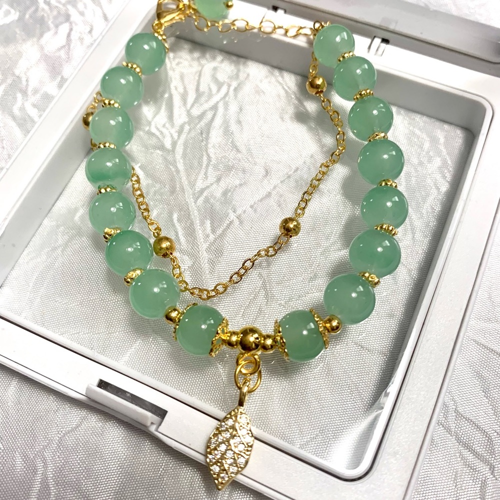 Jade Lucky Gold Bangle leaf charm bracelet